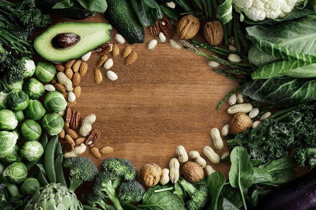 Зеленая овощная рамка с орехами и авокадо