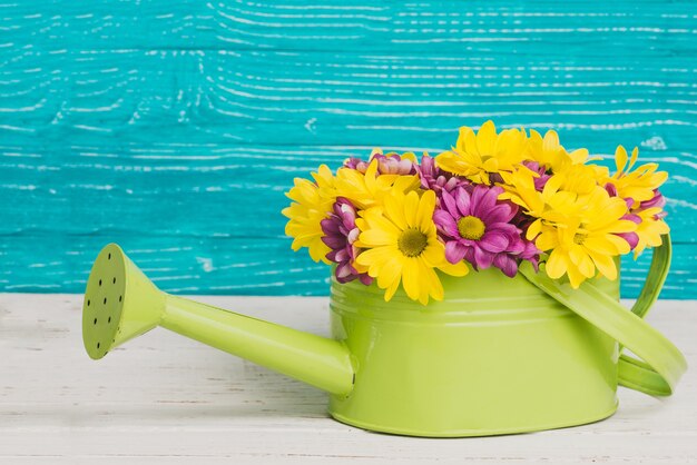Green watering can with beautiful flowers