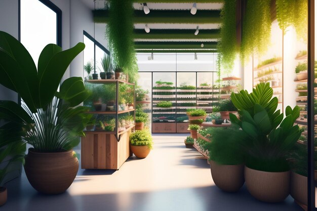 A greenhouse with plants and plants on the walls