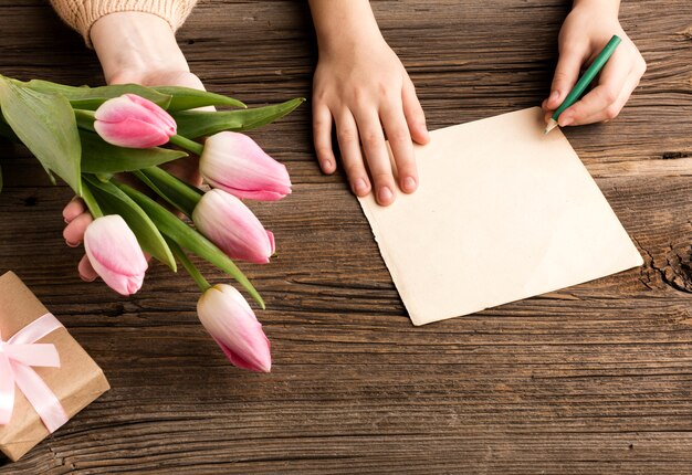 Greeting card and tulips for mothers day