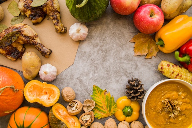 Free photo grey table decorated with food