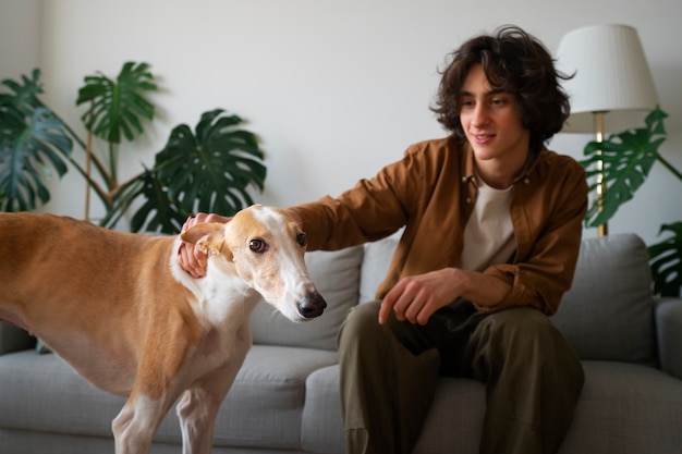 Greyhound dog with male owner at home on couch