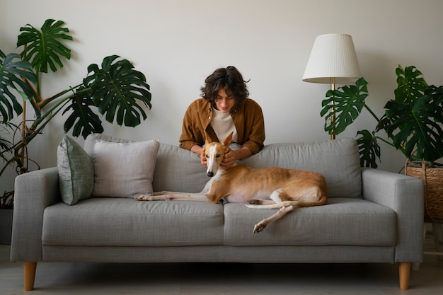 Greyhound dog with male owner at home on couch