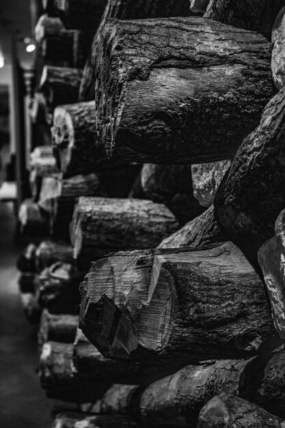 Greyscale photo of pile of logs