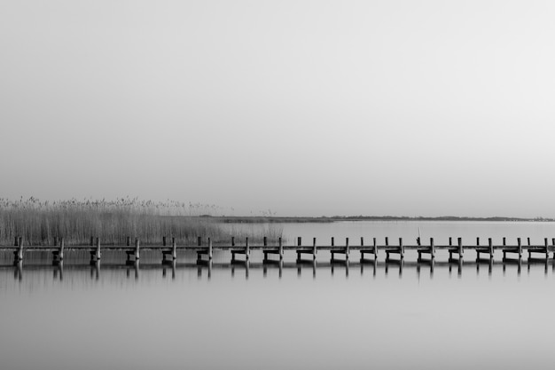 Greyscale shot of a wooden pier near the sea during daytime
