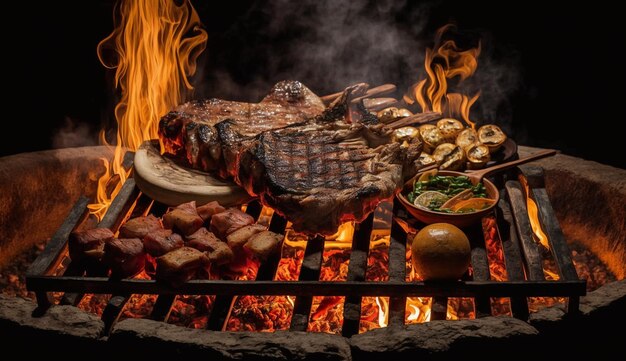 A grill with a variety of meats on it