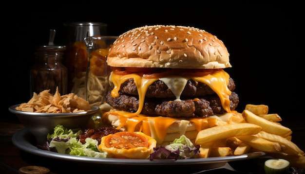 Grilled beef burger with cheese fries and fresh vegetables generated by artificial intelligence