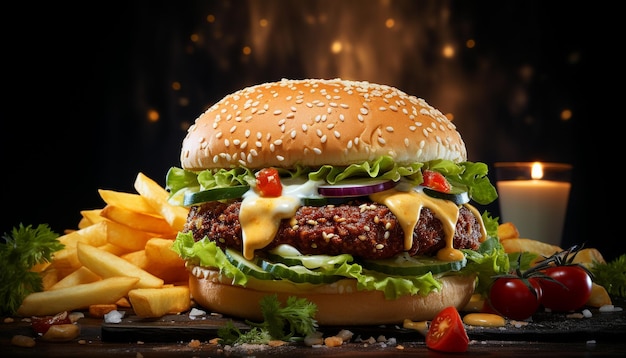 Grilled beef burger with cheese onion and French fries on table generated by artificial intelligence