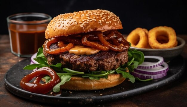 Hamburger di manzo alla griglia con formaggio e cipolla generati dall'ia