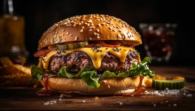 Foto gratuita hamburger di manzo alla griglia con formaggio e pomodoro generato da ai