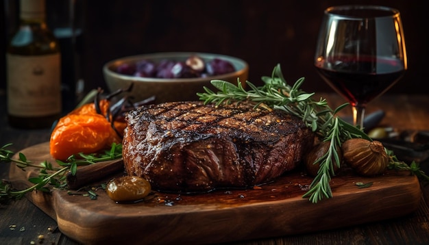 Grilled beef fillet on rustic wood table generated by AI