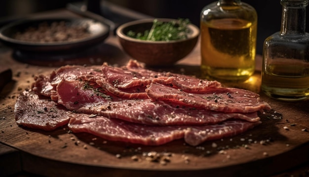 Foto gratuita filetto di manzo alla griglia con spezie alle erbe pronto da mangiare su tagliere generato da ai