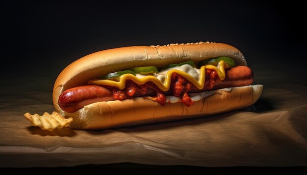 Grilled beef hot dog on bun with ketchup and onion generated by artificial intelligence