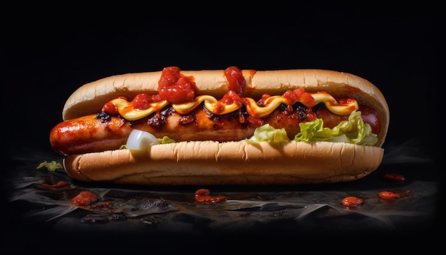 Grilled beef hot dog on bun with ketchup and onion generated by artificial intelligence