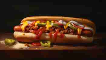 Foto gratuita hot dog di manzo alla griglia su panino con ketchup e cipolla generato dall'intelligenza artificiale