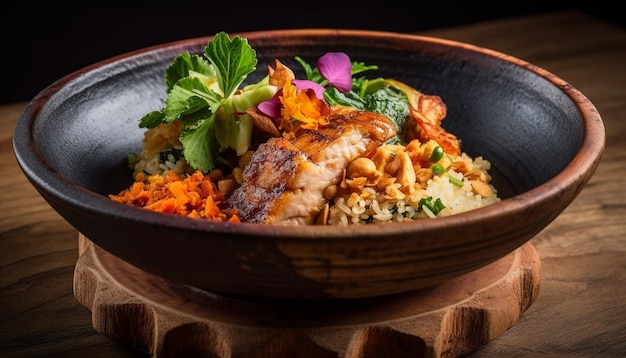 Free photo grilled beef and rice with fresh vegetable salad on plate generated by ai