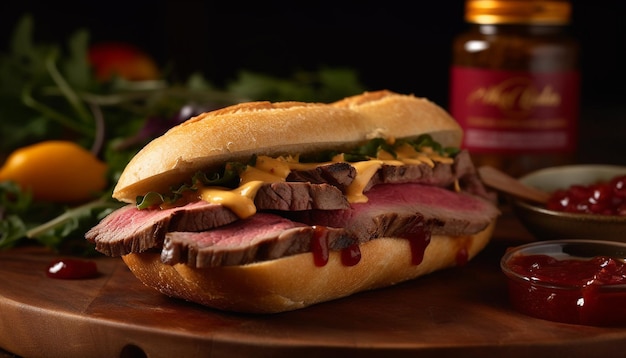 Grilled beef sandwich on ciabatta with fries generated by AI