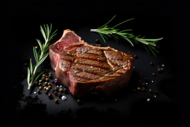 Grilled beef steaks with spices and herbs on black slate and black background Ai generative