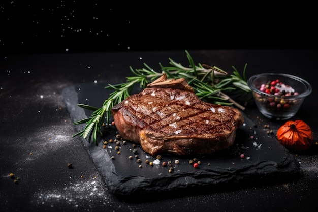 Grilled beef steaks with spices and herbs on black slate and black background Ai generative