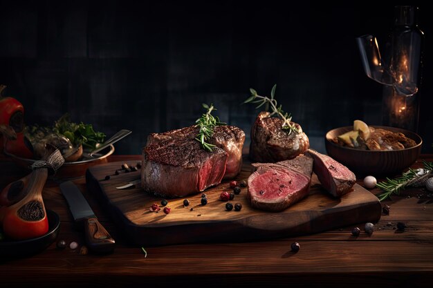 Grilled beef steaks with spices and herbs on cutting board and black background Ai generative