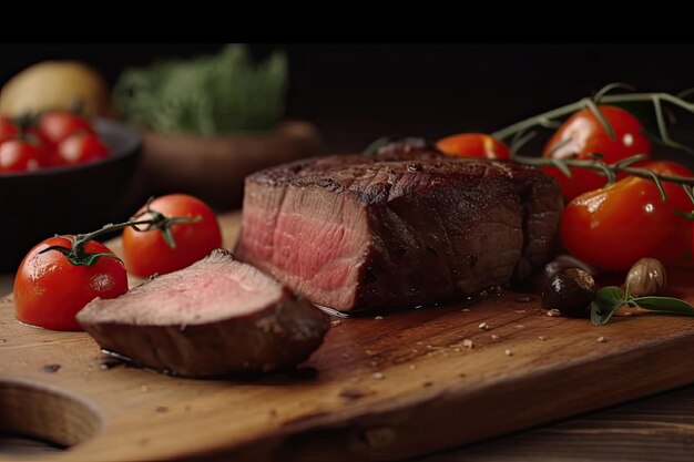 Grilled beef steaks with tomatoesspices and herbs on cutting board and black background Ai generative