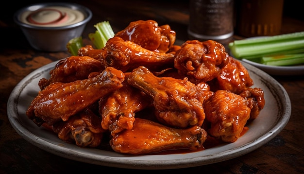 Grilled buffalo chicken wings on rustic wood plate generated by AI