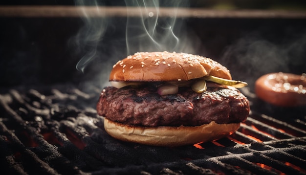 Foto gratuita l'hamburger alla griglia sulla fiamma del barbecue aggiunge calore generato dall'intelligenza artificiale