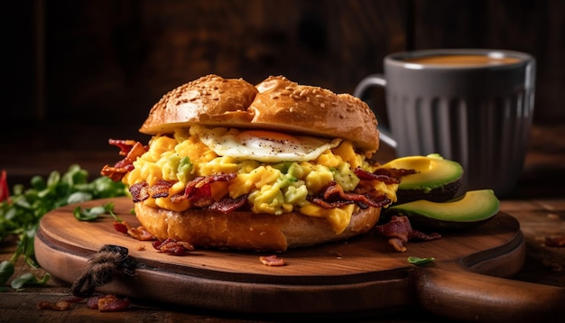 Foto gratuita hamburger alla griglia su ciabatta condimenti freschi ambiente rustico generato da ai