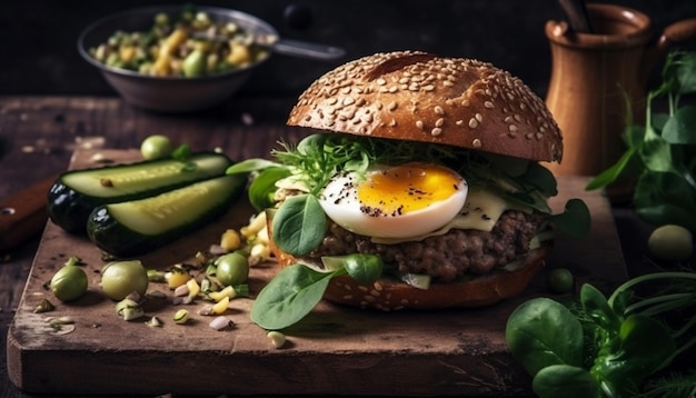 Foto gratuita hamburger alla griglia con pomodoro fresco biologico ed erbe aromatiche generate dall'ia