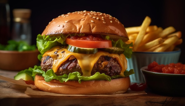 Cheeseburger alla griglia e patatine fritte un classico pasto americano generato dall'intelligenza artificiale