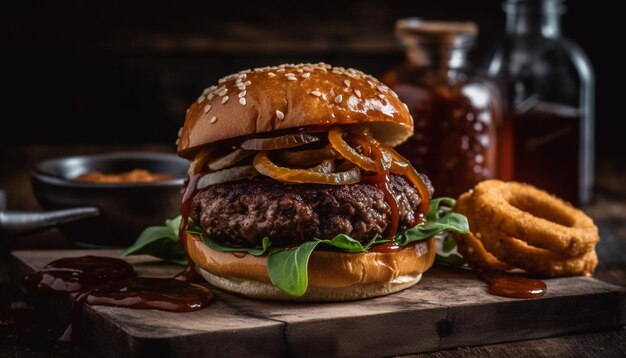 Grilled cheeseburger on rustic bun with fries generated by AI