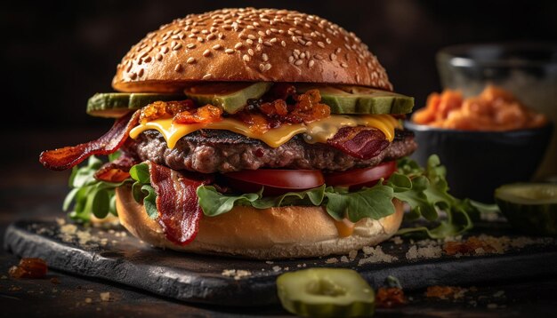 Foto gratuita cheeseburger alla griglia su panino rustico al sesamo fatto in casa generato dall'intelligenza artificiale
