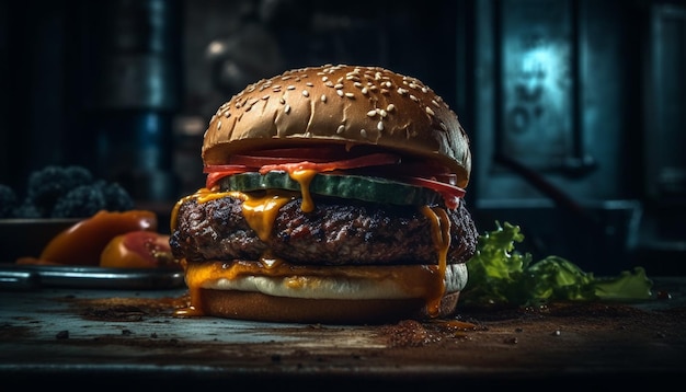 Cheeseburger alla griglia su panino al sesamo pomodoro fresco generato dall'ia