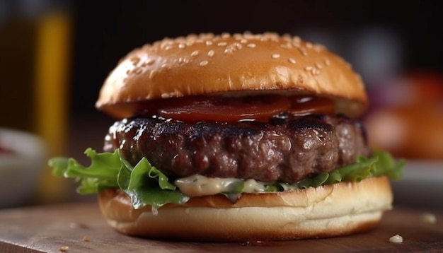 Free photo grilled cheeseburger on sesame bun with fries generated by ai