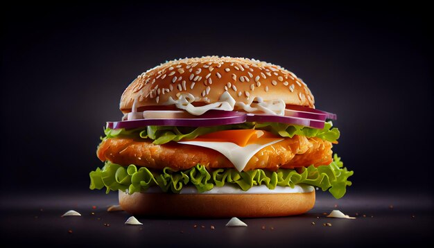 Grilled cheeseburger with tomato on sesame bun generative AI