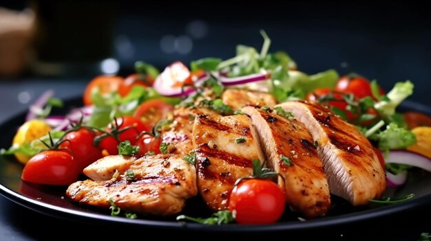 Grilled chicken breast fillet and fresh vegetable salad Healthy lunch menu AI generated image