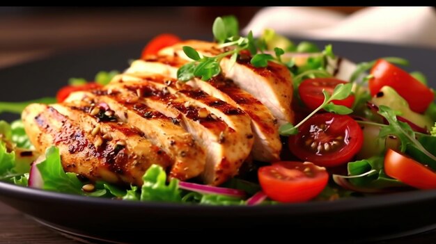 Grilled chicken breast fillet and fresh vegetable salad Healthy lunch menu AI generated image