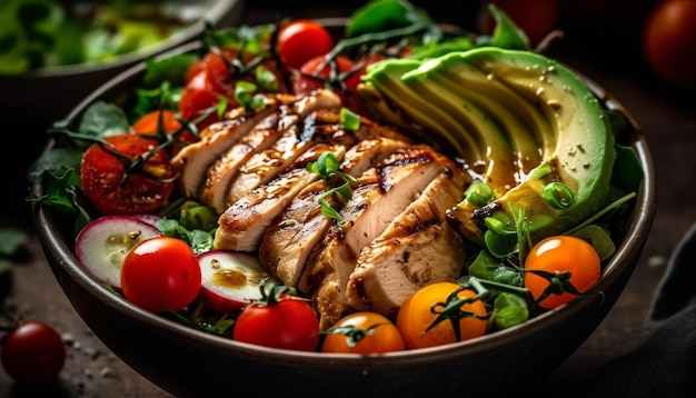 Free photo grilled chicken breast with cherry tomato salad generated by ai