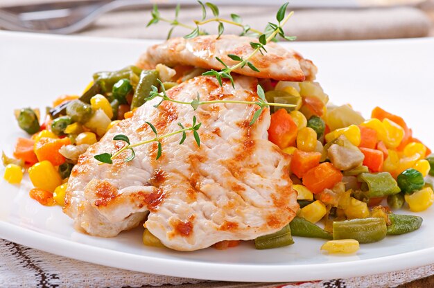 Grilled chicken breasts and vegetables