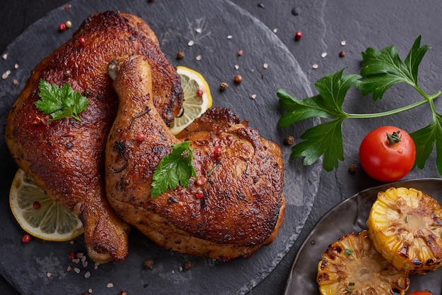 Grilled chicken legs in barbecue sauce with pepper seeds parsley, salt in a black stone plate on a black stone table.