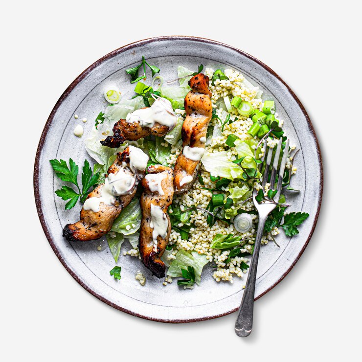 Free Photo grilled chicken skewers and green salad menu recipe idea