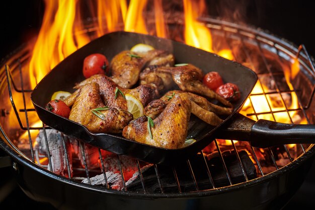 Grilled chicken wings on the flaming grill with Grilled vegetables in barbecue sauce with pepper seeds rosemary, salt. top view with copy space.
