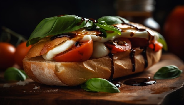 Foto gratuita sandwich di ciabatta alla griglia con mozzarella fresca e pomodoro generati da ai
