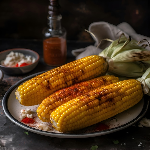 Free photo grilled corn on the cob with spices and sauce dark background