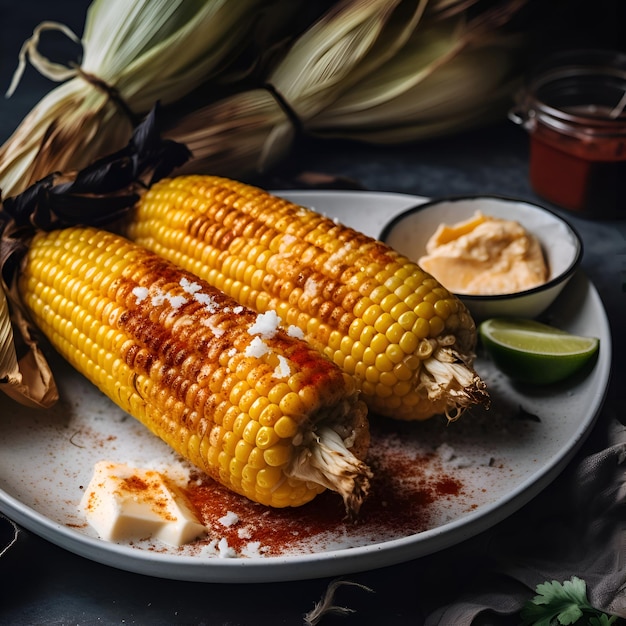 Free photo grilled corn cobs with mayonnaise lime and chili sauce