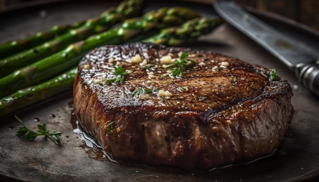 Free photo grilled fillet steak with asparagus and spice generated by ai