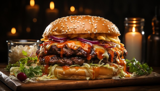 Burger gourmet alla griglia su un panino con verdure fresche generate dall'intelligenza artificiale