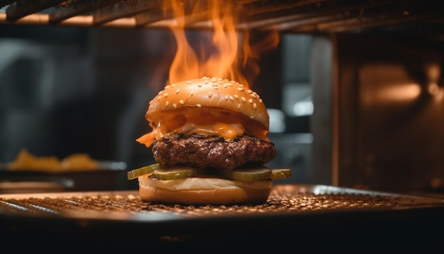 Foto gratuita cheeseburger gourmet alla griglia su tavolo in legno rustico pronto da mangiare generato dall'intelligenza artificiale