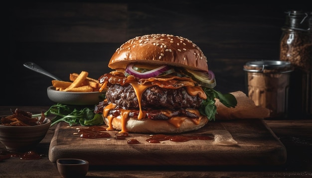 Free photo grilled gourmet cheeseburger with onion and tomato generated by ai