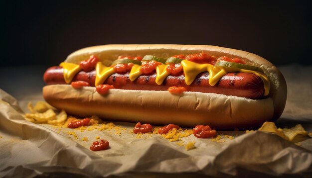 Foto gratuita hot dog alla griglia su panino condito con ketchup generato dall'intelligenza artificiale